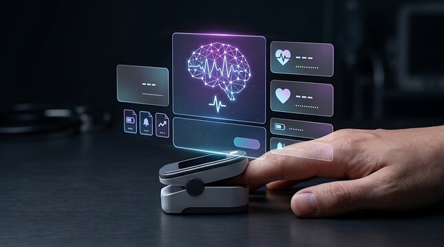 Futuristic pulse oximeter with digital brain interface, medical health monitoring hud, advanced healthcare technology concept