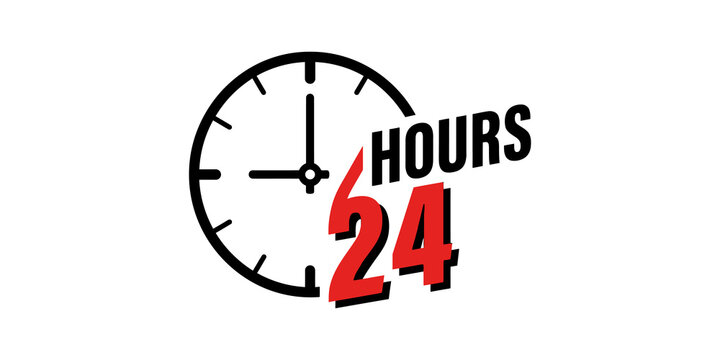 Black outline clock icon with red stylized 24 hours text representing constant accessibility for commercial website design.