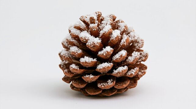 a pinecone, captured in a side profile against a plain white background. The pinecone is a rich brown color and is covered in a layer of white powdered sugar, giving it a frosty appearance.