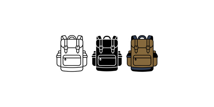 Three different styles of vintage backpacks featuring outline solid and colored designs for hiking travel outdoor adventures.