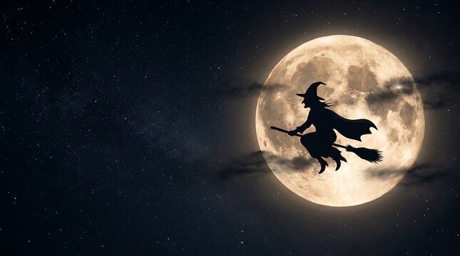Silhouetted witch riding a broomstick across a giant full moon in the dark starry sky on a crisp halloween night