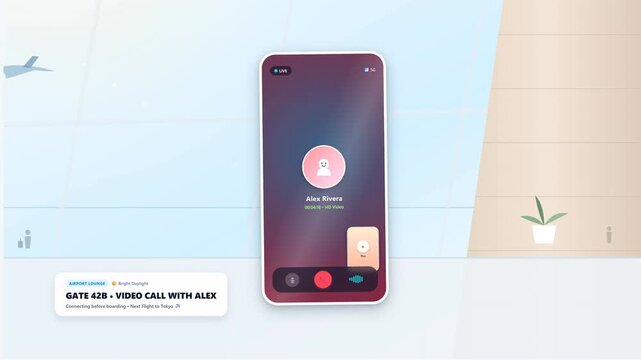 Minimalist 2D animated mobile interface showing an ongoing video call at an airport lounge for modern digital communication concept design