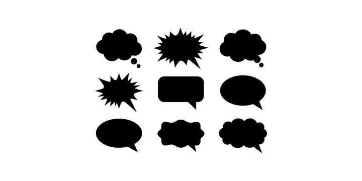 Black comic speech bubble silhouettes set includes clouds jagged explosions and round talk clouds for manga cartoon design.