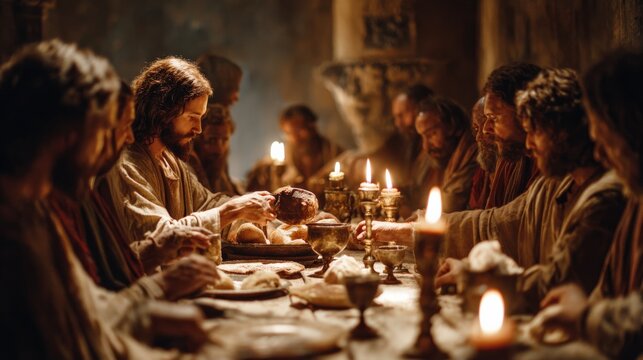     The Last Supper in a Dimly Lit Upper Room, Jesus and His Apostles Gathered Around a Wooden Table with Bread and Wine in Warm Candlelight