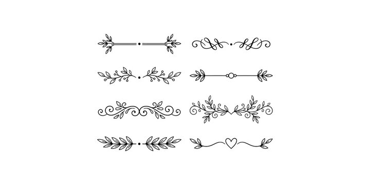 Elegant hand-drawn floral dividers and text separators with leaf and heart motifs for design projects.