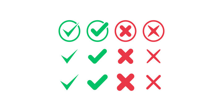 Green tick and red cross mark icons in various styles for approval rejection and status identification in user interfaces.