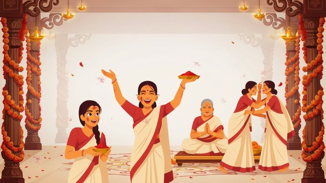 Joyful Indian women celebrating festival in traditional temple interior with flower garlands