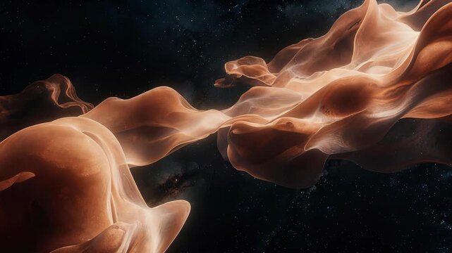 Flowing copper ribbons in a luminous painterly style against a black star field, expressing cosmic motion and mystery