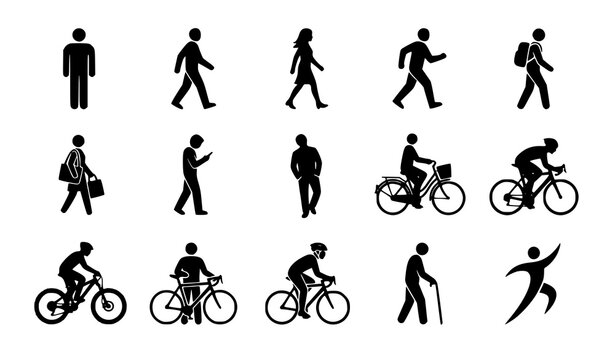Minimal Human Activity Silhouettes, Walking Standing and Bicycle Rider Vector Icons