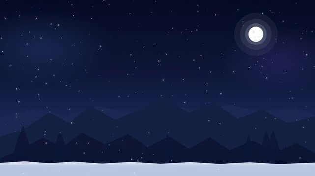 Animated flat design night landscape with glowing moon and stars over snowy blue mountains