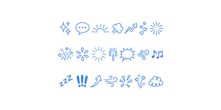 Hand drawn blue comic book effect elements and symbols with sound effects and abstract shapes for creative design applications.