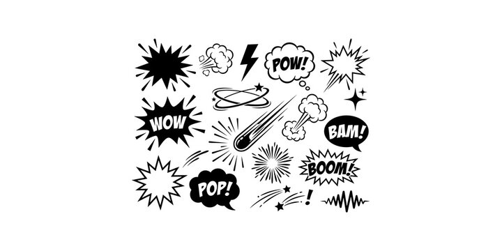 Comic book explosion sound effects and speech bubbles with text messages for action and celebration, graphic design elements.