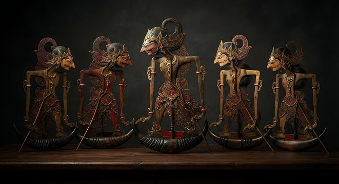 Traditional Indonesian Wayang Kulit Shadow Puppets Display Collection
