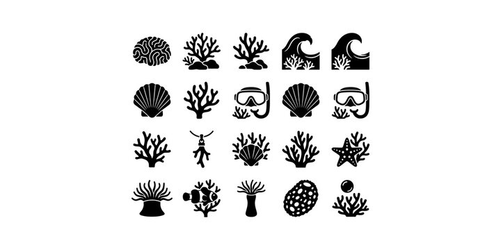 Set of underwater icons showing coral reefs sea shells diving gear and marine life for snorkeling and ocean activities.