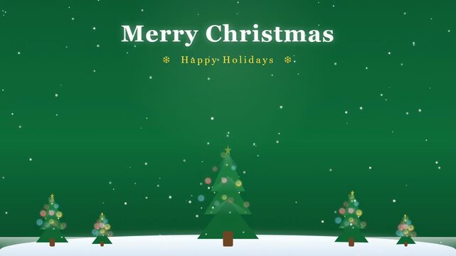 Animated Christmas greeting with decorated trees and falling snow on a green background