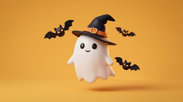 Cute little ghost wearing a pointy witch hat and flying with small bats against orange background