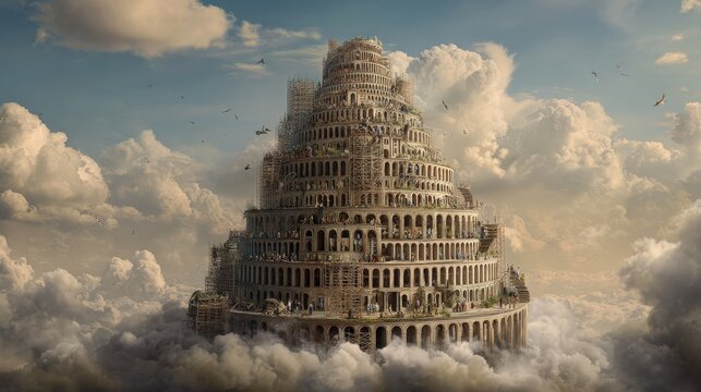 Tower of Babel Spiraling Into the Clouds as Diverse Workers Struggle to Build a Monumental Structure Amid the Confusion of Many Languages