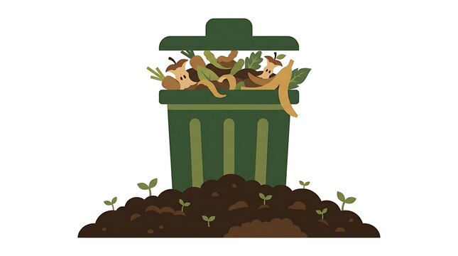 Green trash bin filled with organic food scraps and vegetable waste for composting in a dark soil pile with small green sprouts growing in the garden for a sustainable eco friendly lifestyle