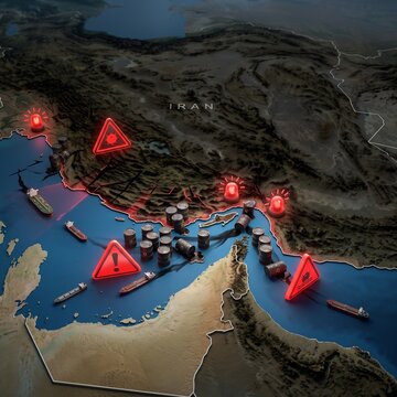 A red warning sign and oil barrels on a map of the Strait of Hormuz and Iran. A 3D conceptual image illustrating the energy crisis, maritime threats, oil supply disruptions, and geopolitical risks in 