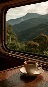 a train window reveals a serene landscape. A white cup of coffee sits on a saucer on a wooden table. The view outside the window is breathtaking rolling hills, dense forests.