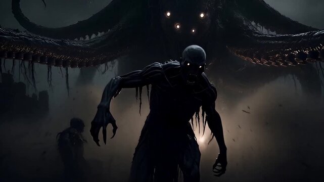 Scary monsters. Spooky animated video clip with devilish characters. Motion graphics in horror fantasy genre. Creepy Halloween. 