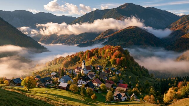 a picturesque countryside scene during autumn. The main subject is a quaint village nestled among rolling hills, surrounded by vibrant autumnal trees displaying red, orange, and yellow hues.