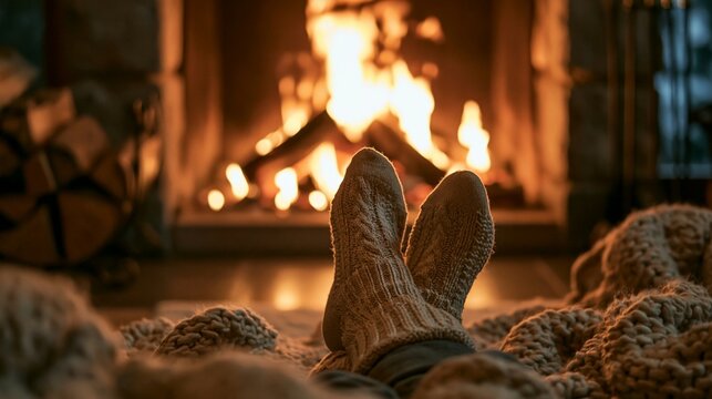 a persons feet resting on a cozy knitted blanket. The person wears a pair of beige, textured socks with a ribbed pattern. The warm, golden glow of the fire illuminates the scene.