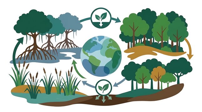 Natural ecosystem cycle illustration showing mangrove forest and green woods with earth planet in center representing environmental conservation and global nature sustainability concept