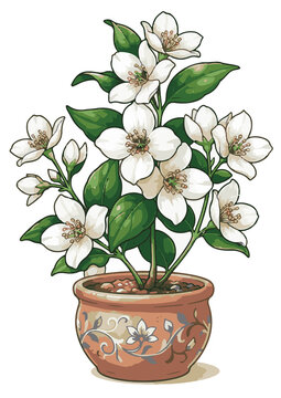 White jasmine flower with bold outlines in vintage technical style, transparent background