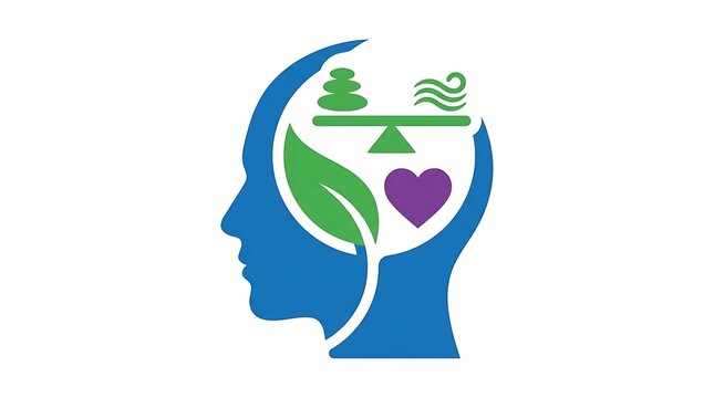 A colorful mental health and wellness logo featuring a human head silhouette with a green leaf, a scale, and a heart icon representing harmony, balance, and emotional well being