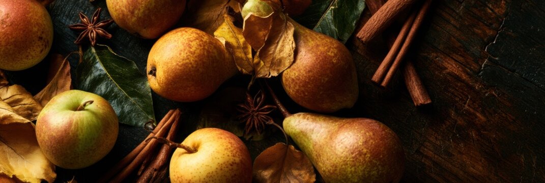 Pears of different ripeness are arranged with dried leaves, cinnamon sticks, and star anise on a dark wood surface in warm light.