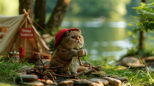 a whimsical outdoor scene. A fluffy, lightcolored cat wearing a brown jacket and a red beret sits beside a campfire. The cat holds a white mug, seemingly enjoying a cup of coffee.