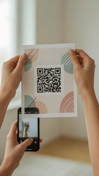 First-person POV of a woman's hands scanning a QR code on a flyer using a smartphone camera ap