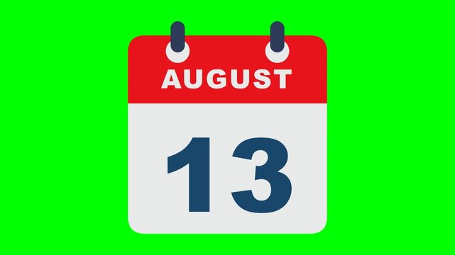 Flat calendar icon recreation like the reference on solid chroma GREEN background with NO shadows: rounded calendar card with red header carrying the white bold word AUGUST, light gray body with a big