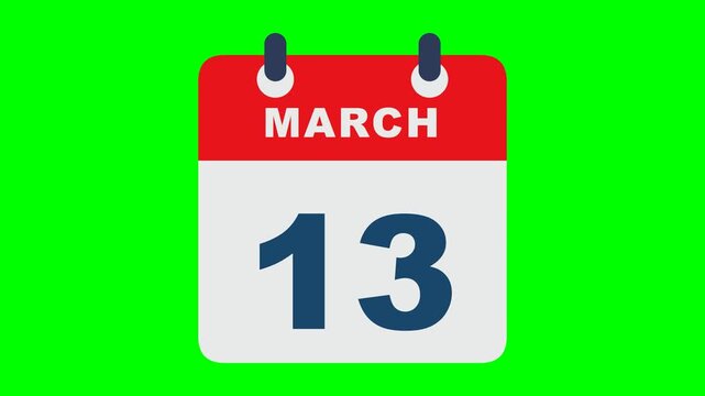 Flat calendar icon recreation like the reference on solid chroma GREEN background with NO shadows: rounded calendar card with red header carrying the white bold word MARCH, light gray body with a big