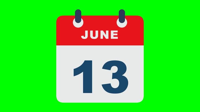 Flat calendar icon recreation like the reference on solid chroma GREEN background with NO shadows: rounded calendar card with red header carrying the white bold word JUNE, light gray body with a big n