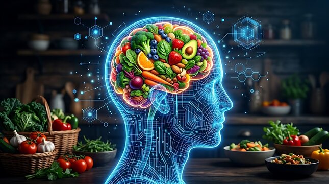 Futuristic brain food concept with glowing digital head, healthy organic vegetables inside human mind, nutrition science illustration
