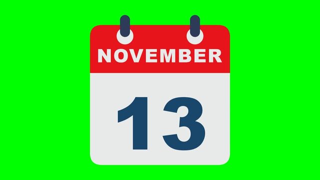 Flat calendar icon recreation like the reference on solid chroma GREEN background with NO shadows: rounded calendar card with red header carrying the white bold word NOVEMBER, light gray body with a b