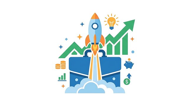 A business rocket launching from a briefcase with growth charts and financial icons for startup success strategy and investment growth concept illustration in flat design style