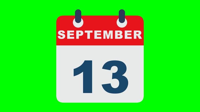 Flat calendar icon recreation like the reference on solid chroma GREEN background with NO shadows: rounded calendar card with red header carrying the white bold word SEPTEMBER, light gray body with a