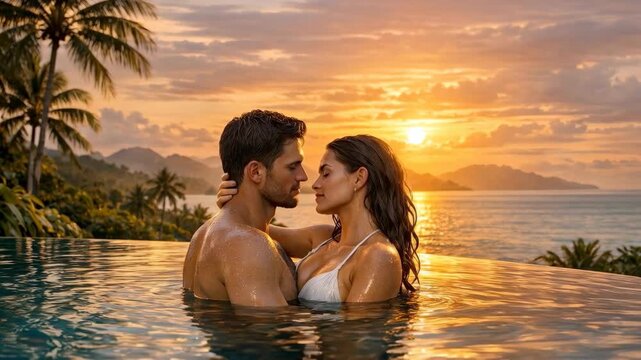 Sunset bathes couple in infinity pool
