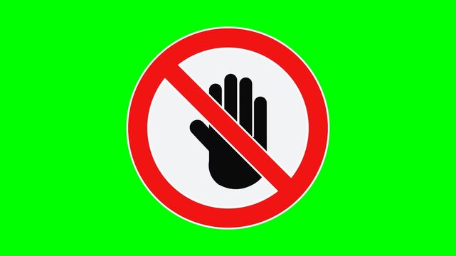 Prohibition sign recreation like the stop-hand reference on solid chroma GREEN background, centered with NO shadows: white circular disc, thick red ring with white outline edges, red diagonal slash fr