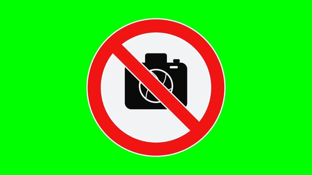 Prohibition sign recreation like the no-photography reference on solid chroma GREEN background, centered with NO shadows: white circular disc, thick red ring with white outline edges, red diagonal sla