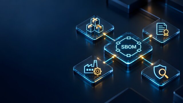 SBOM Software Bill of Materials Digital Network Concept With Security and Compliance Icons