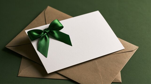 Blank invitation card with green satin ribbon bow and envelopes

