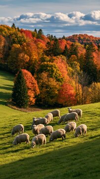a serene countryside scene during autumn. A flock of sheep graze peacefully on a lush green meadow. The sheep are in various stages of grazing, their wool a mix of light and dark shades.