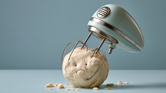Frustrated hand mixer stuck in thick dough, funny kitchen