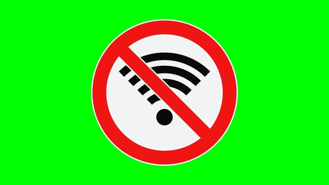 Prohibition sign recreation like the no-wifi reference on solid chroma GREEN background, centered with NO shadows: white circular disc, thick red ring with white outline edges, red diagonal slash from