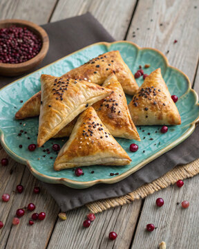 Premium Uzbek samsa with flaky lamb pastry, black sesame, caramelized onion, barberries and crisp onion petals in warm light