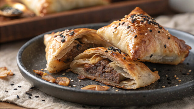 Detailed Uzbek samsa close-up revealing flaky golden pastry, moist spiced lamb, black sesame, caramelized onion and barberries
